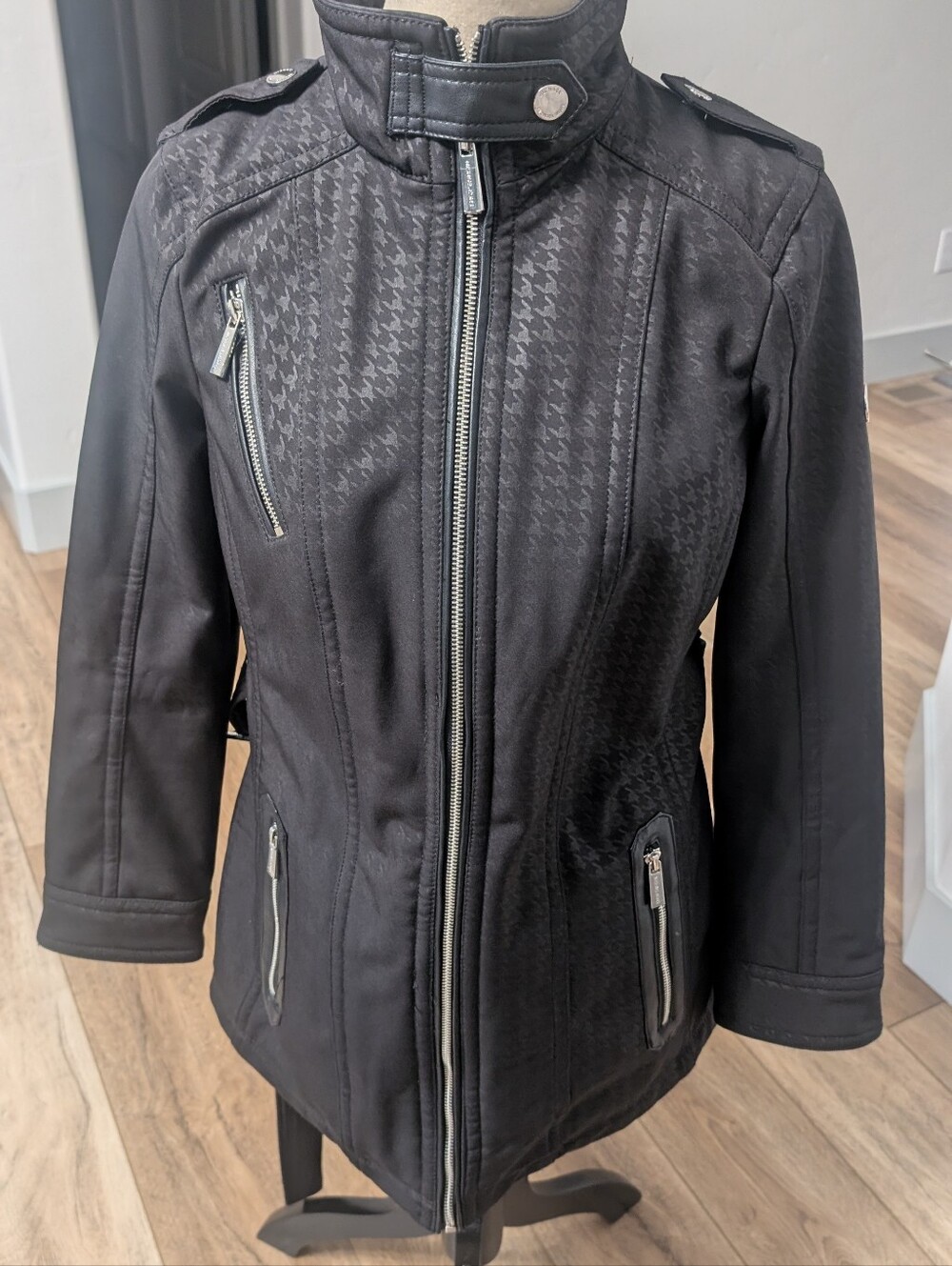Michael Kors Black Houndstooth-Texture Zip Front Utility Jacket